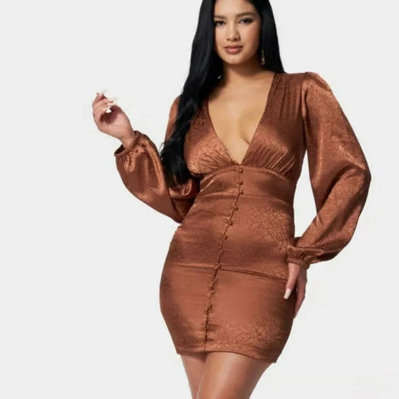 NEW Bebe Satin Button Up Jacquard Mini Dress Women Medium Copper Rust‎ Orange - Picture 1 of 10